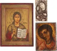 Три иконы: Троеручица, Христос Пантократор и архангел