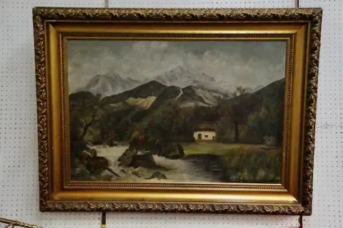 1 groot olieverfschilderij, linksonder gesigneerd