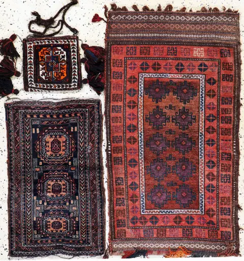 3 lots Belutsch, Perse, début 20e s., laine sur laine, env. 113 x 91 cm & env. 73 x 45 cm