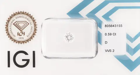 Losse briljant, 0,59 ct hoog wit+(D)/vvs2, verzegeld, IGI-certificaat bijgevoegd