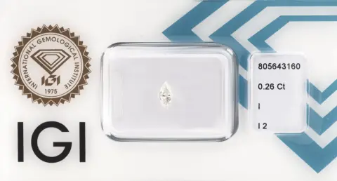 Diamant, 0,26 ct blanc légèrement teinté (I)/p2, marquise brillant, scellé, IGI