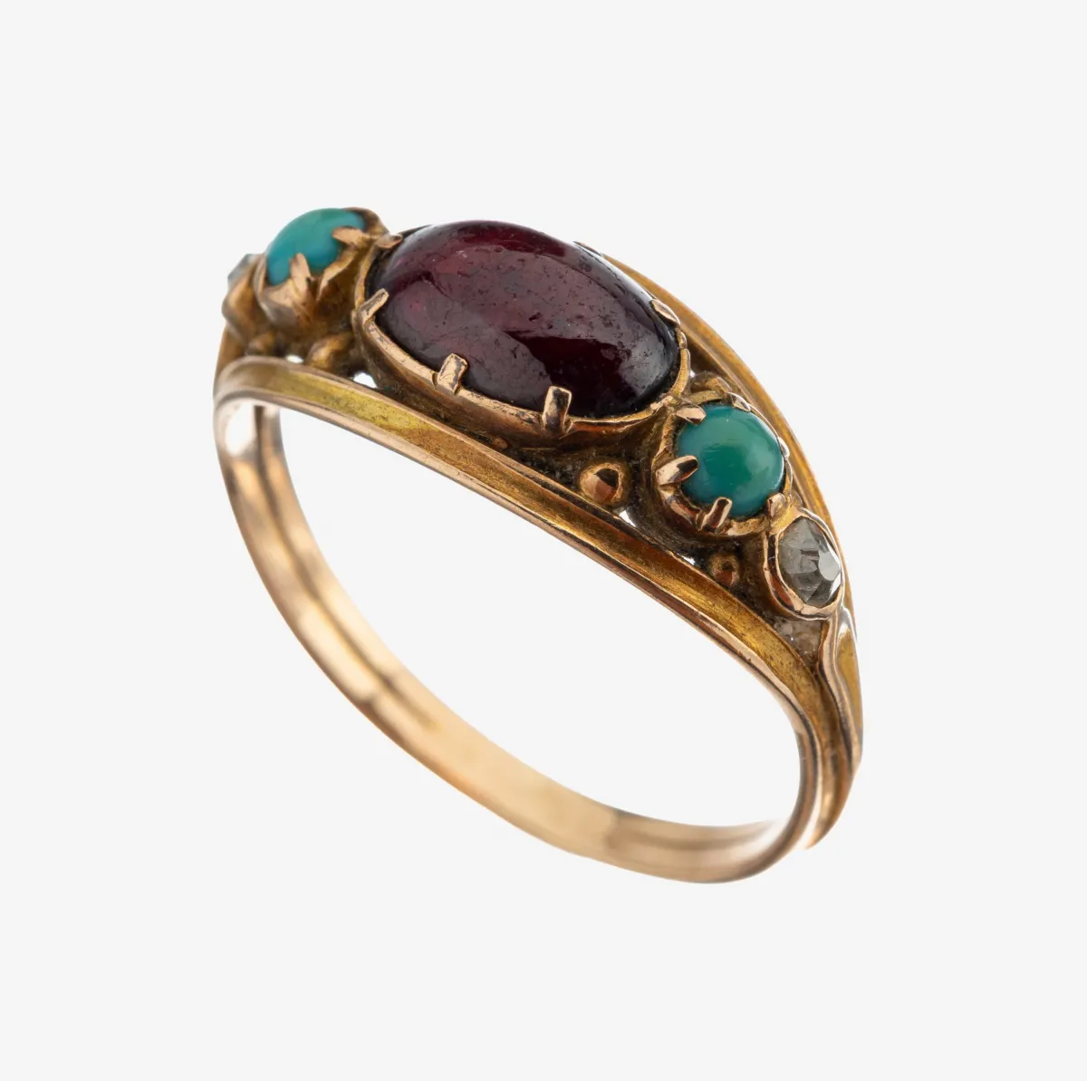 14 kt gold garnet-turquoise-diamond ring, circa 1900, 585/000 gold, oval garnet cabochon
