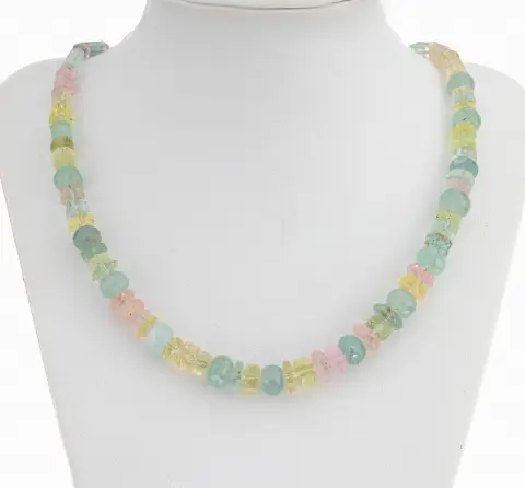 Collier aigue-marine-morganite, aigues-marines et morganites de différentes tailles, longueur env.