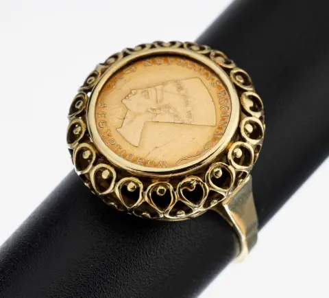 Bague médaille en or 14 kt, or 585/0100, médaille sertie mobile, représentation