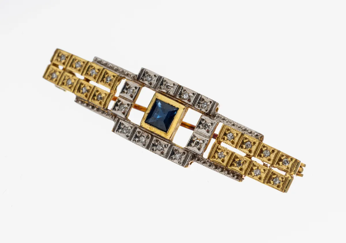 8 kt gouden saffier-diamant broche, goud 333/000, geometrisch design, centraal saffier