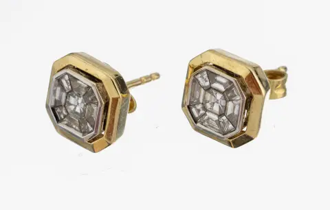Paire de boucles d'oreilles or 14 ct diamant, or 585/000, forme octogonale, 2 diamants-