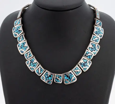 Collier turquoise, Mexique, argent 925, maillons de tailles et formes variées, turquoise