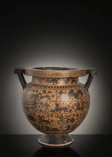 Vase cratère à colonnettes à figures noires de style corinthien