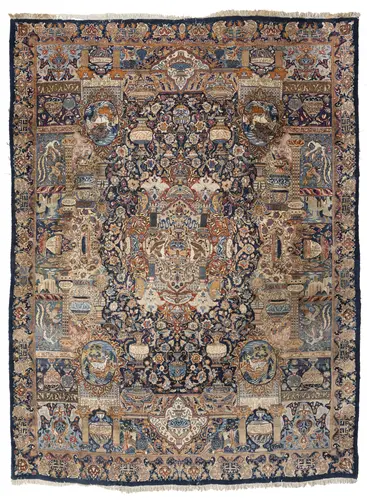Grand tapis de Kachmar, motif Zirhaki avec motifs de trouvailles archéologiques et de vases