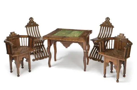 Fine marquetry furniture suite with four chairs and one table