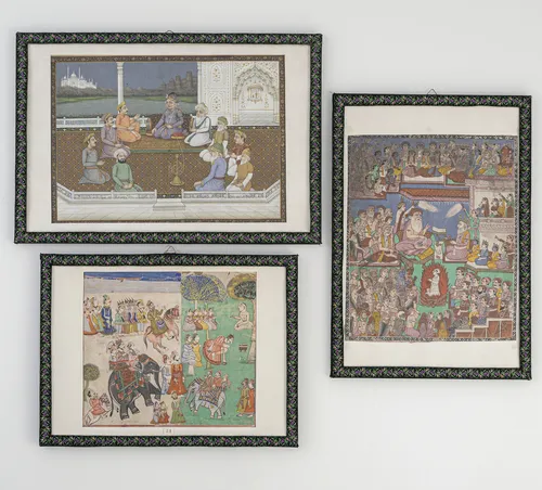 Group of three miniatures/drawings, including palace scenes, framed under glass