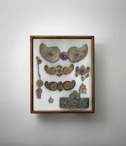 Groep van 15 stukken, deels van zilver, met gespen, hangers en plaquettes gemonteerd in twee glazen kasten
