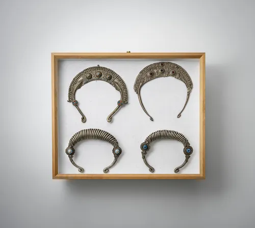 Groupe de colliers, ceinture, coupe-bétel et pendentifs, en partie en argent, montés dans deux vitrines