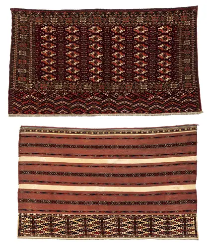 Une face de Tschowal Tekke nouée et une face d'Ak-Tschowal Tekke tissée avec bandes à motifs noués