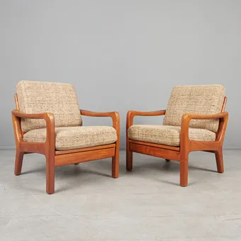 JUUL KRISTENSEN. Glostrup, pár křesel / lounge chairs, teak, vlna, Dánsko, 60. léta. (2).