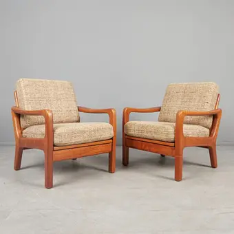 JUUL KRISTENSEN. Glostrup, pair of armchairs / lounge chairs, teak, wool, Denmark, 1960s. (2).