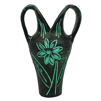 Black designer ceramic vase with floral decor.