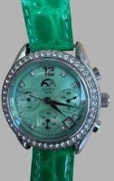 Quartz ladies' wristwatch with turquoise dial, bezel with rhinestone setting, green leather strap, D-3.5 cm