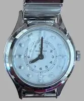 Vintage-Blindenuhr (Tastarmbanduhr) mit einem silberfarbenen Metallgehäuse und einem elastischen Metallzugband. "Movado" Werk läuft, Ziffernblatt mit erhöhten Punkten, Uhrenglas aufklappbar, guter Zustand