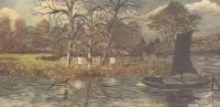 M.Schnaars, северогерманский пейзаж с плоскодонной лодкой, масло/ДВП, в раме, размер рамы 48 x 87 см