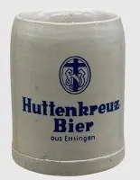 Historický pivní korbel 0,5 l, pivovar Huttenkreuz (historicky spojený s hostincem/hotelem Erbprinz v Ettlingenu), dobrý stav, v. 12,5 cm