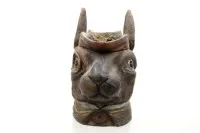 Figurative lidded box, rabbit with monocle, probably terracotta, 1 ear glued, age ?, approx. H 25.5 cm D 20 cm