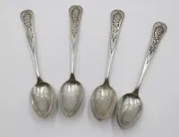 4x Kaffeelöffel, um 1900, Silber gepr., zieseliert, 56,8gr., L-14,2cm