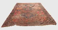 Large antique Oriental rug, probably Caucasian Soumak rug, circa 1900, natural colors, signs of age and wear, needs cleaning, partly damaged, 250x306