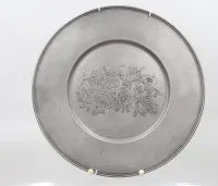 Zinnplatte, florales Muster, Engelsmarke, ca. D-30cm