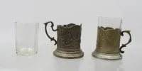 Paar div. Teeglashalter, älter, Zinn, wohl um 1900, Gläser nicht original, ca. H-7,5cm