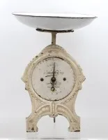 antike Federwaage, Wirtschaftswaage Fabrikmarke, um 1900/1920, Teller nicht aus der Zeit, ca. H-34cm, Alters-u. Gebrauchsspuren