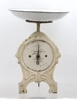 antike Federwaage, Wirtschaftswaage Fabrikmarke, um 1900/1920, Teller nicht aus der Zeit, ca. H-34cm, Alters-u. Gebrauchsspuren