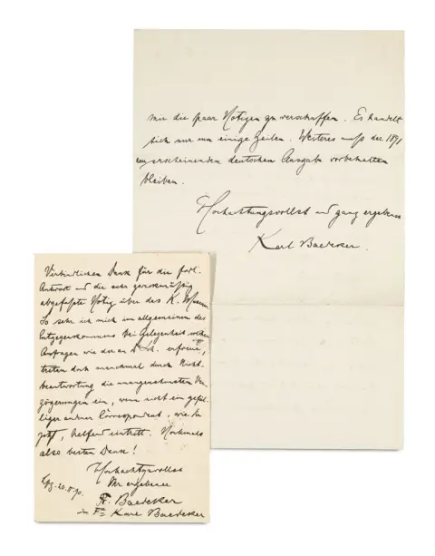 Fritz Baedeker – Lettre autographe avec signature « Karl Baedeker » aux messieurs (éditeur Ernst Victor) Schmorl et (Alfred) von…