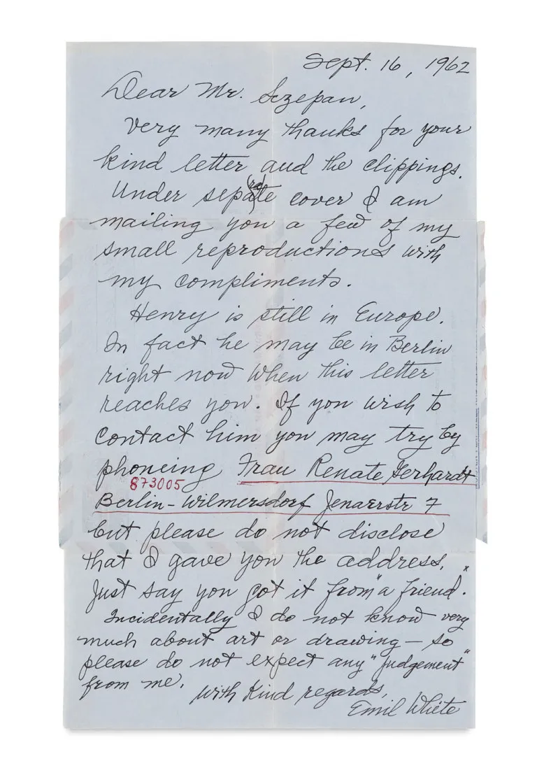 Emil White – Brief van Emil White en Wilfried Sezepan over het verblijf van Henry Miller in Berlijn