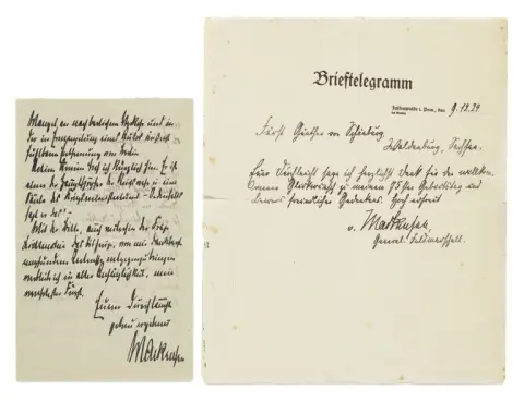 August von Mackensen – Télégramme-lettre avec signature autographe du Generalfeldmarschall (1849-1945) au prince Günther von…