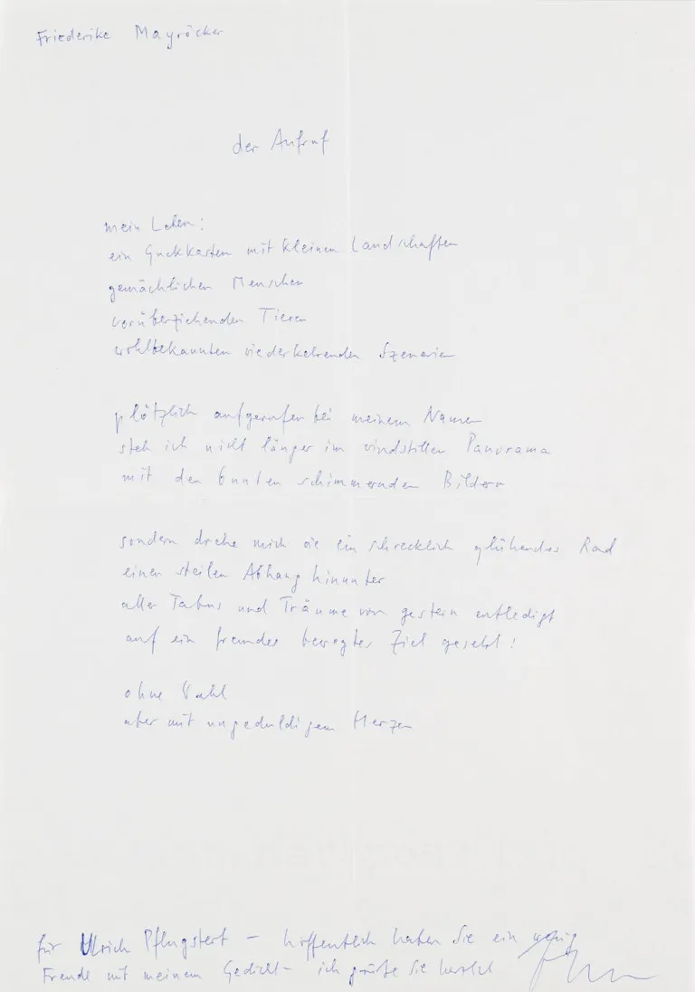 Friederike Mayröcker – Sammlung zu Friederike Mayröcker mit eigenhändigen Signaturen sowie einem Brief