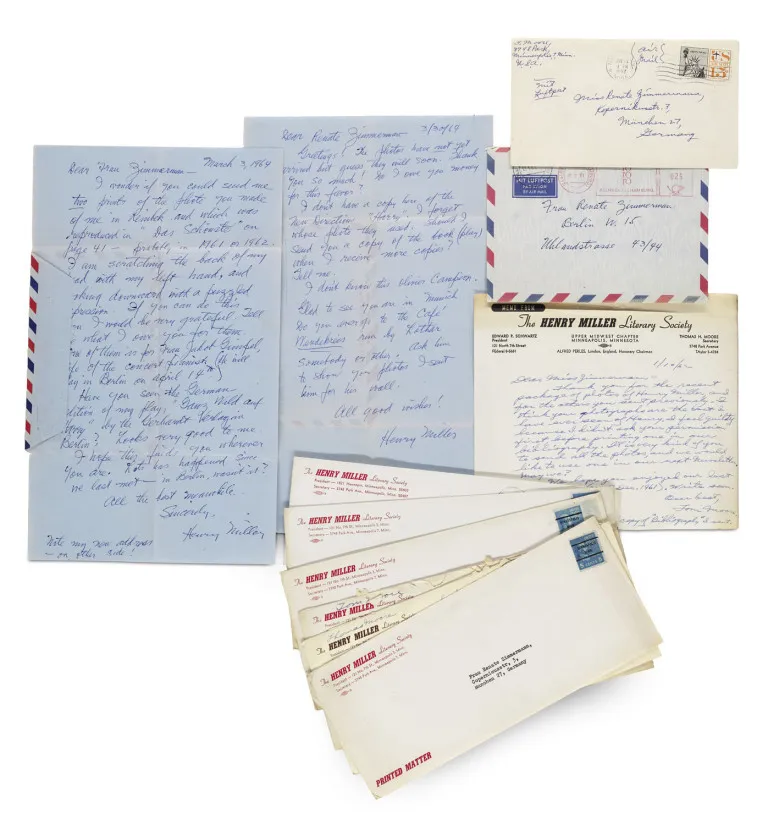 Henry Miller – Kolekcja 3 odręcznych listów z podpisem do fotograf Renate Zimmermann (*1934) w Berlinie i Monachium