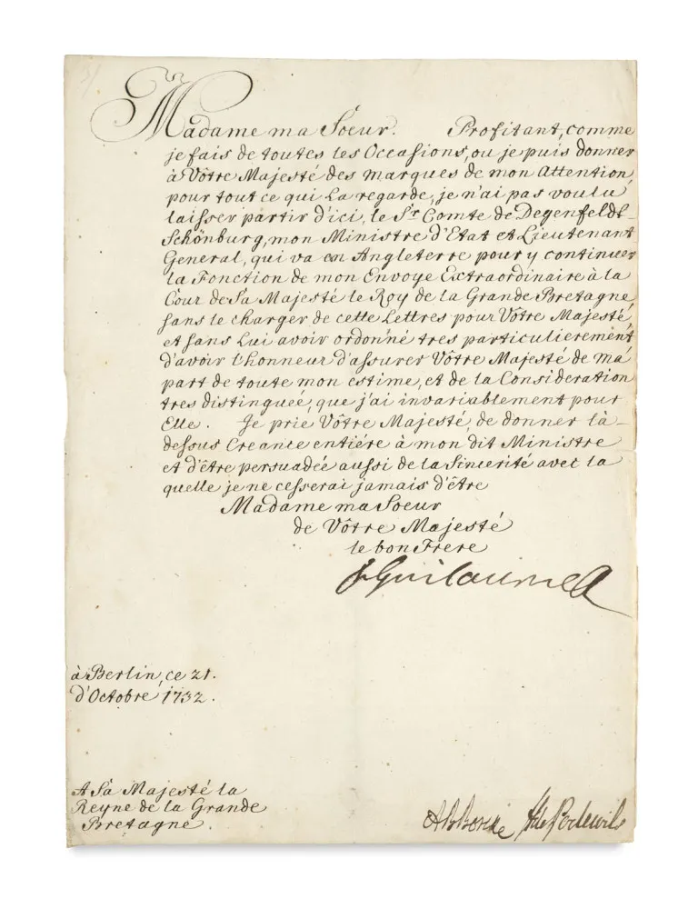 Фридрих Вильгельм I Прусский – Письмо «короля-солдата» (1688-1740) с собственноручной подписью «FrGuilaume» королеве…