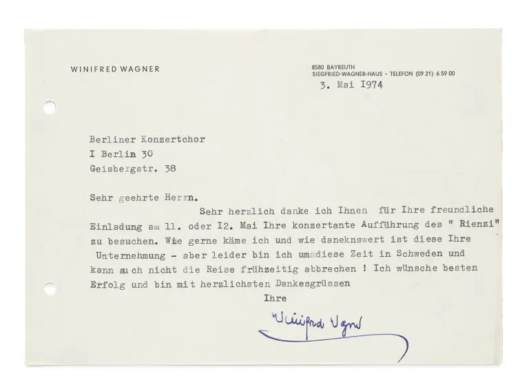 Winifred Wagner – Getypte brief met eigenhandige handtekening van Richard Wagners enige schoondochter (1887-1980) aan…