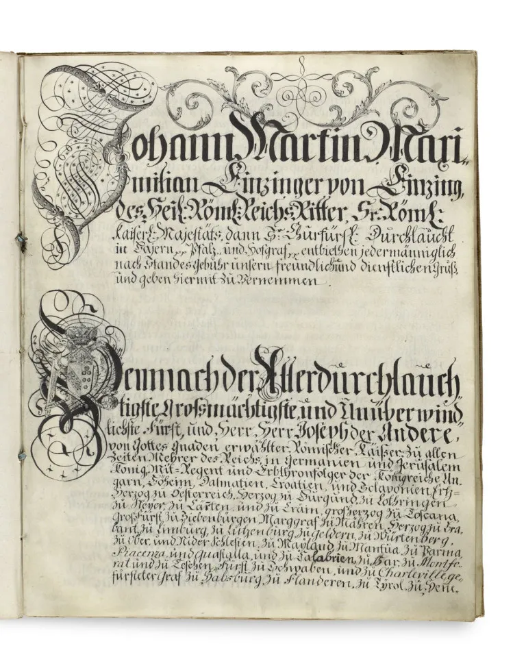 Magnificent notarial document from the time of the Holy Roman Empire with ornamental initials, coat of arms, coloured miniature and numerous…