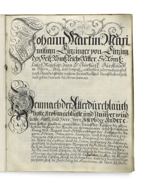 Magnificent notarial document from the time of the Holy Roman Empire with ornamental initials, coat of arms, coloured miniature and numerous…