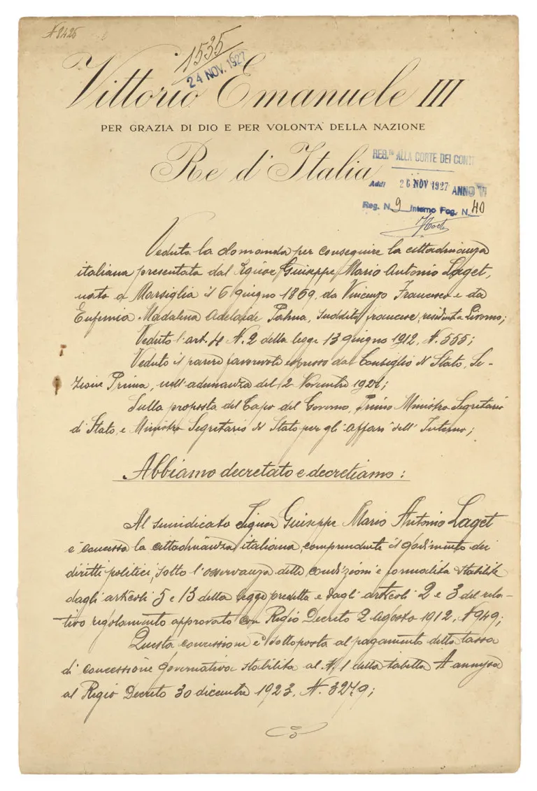 King Vittorio Emanuele III – Handwritten decree granting citizenship to Giuseppe Mario Antonio Laget with…