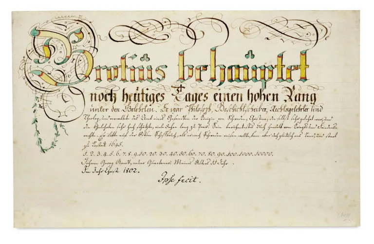 Grotius still claims a high rank among scholars today ... German manuscript with coloured calligraphic incipit on …
