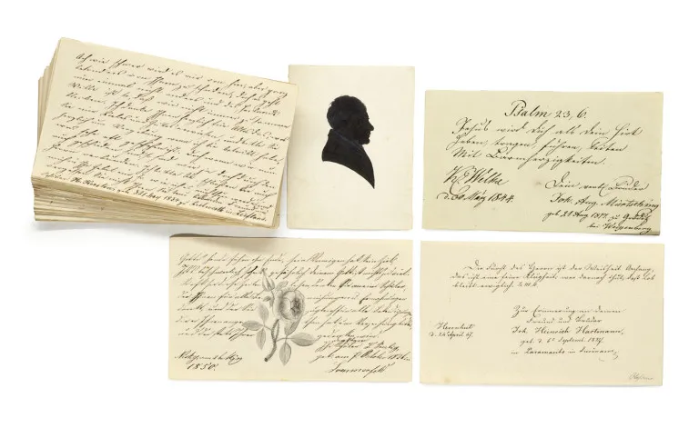 Collection de 57 feuilles de livre d'or avec 57 inscriptions issues du milieu de la communauté des frères moraves, 4 (2 col.) petits dessins et 1