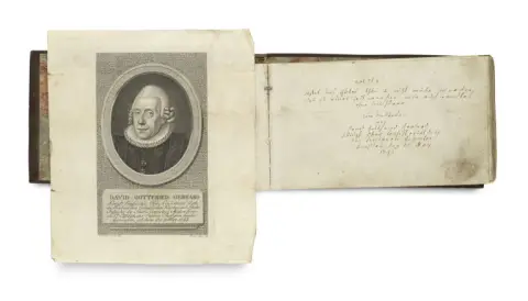 Album de Johann Gottlieb Kirchner avec page de titre aquarellée, 96 inscriptions dont enseignants, séminaristes et…