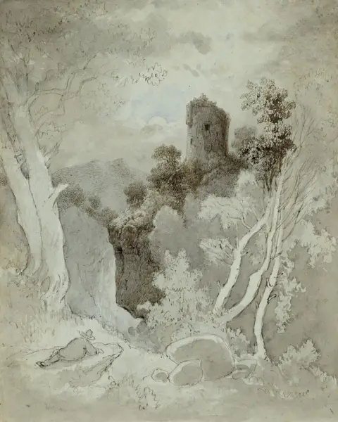 Wilhelm Pinder – Dessin romantique à la plume lavé sur papier bleuâtre avec un poème calligraphique joint pour l'…