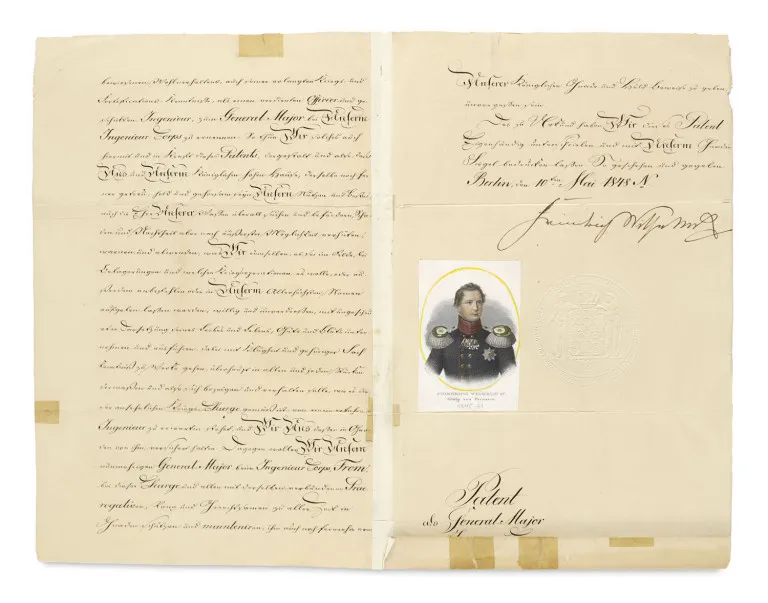 Friedrich Wilhelm III – Patent als Capitaine bei der Erstan Ingenieur Brigade für den Premier Lieutenant Friedrich Fromm