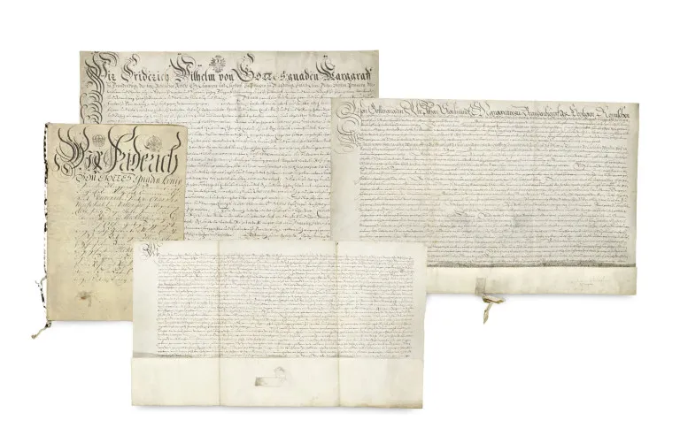 Sammlung von 4 Lehnbriefen auf Pergament für die Familie von Arnstedt das Rittergut Demker (Tangerhütte) sowie das "freye Brennholtz und…