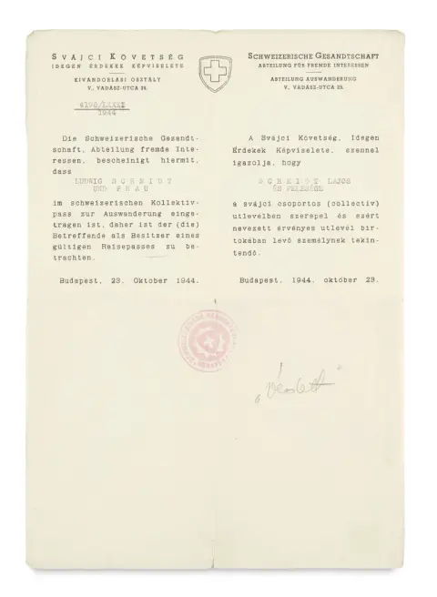 Lettre de protection de la légation suisse à Budapest sous la direction de Carl Lutz, « Juste parmi les nations »