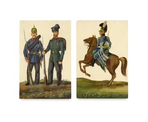 Karl Hubbuch – Collection de 2 panneaux peints représentant des uniformes militaires